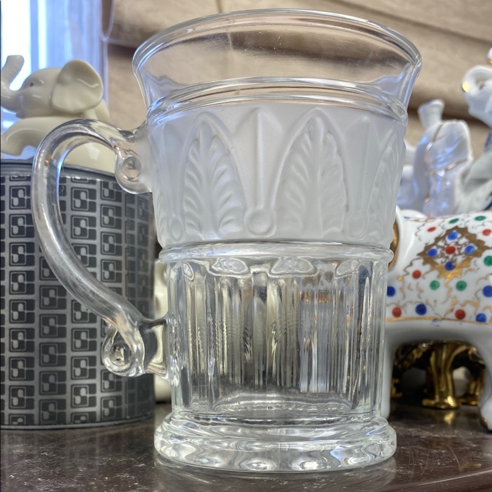 Antique Elegant Clear Glass Mug Frosted Etched Detailing Never Used